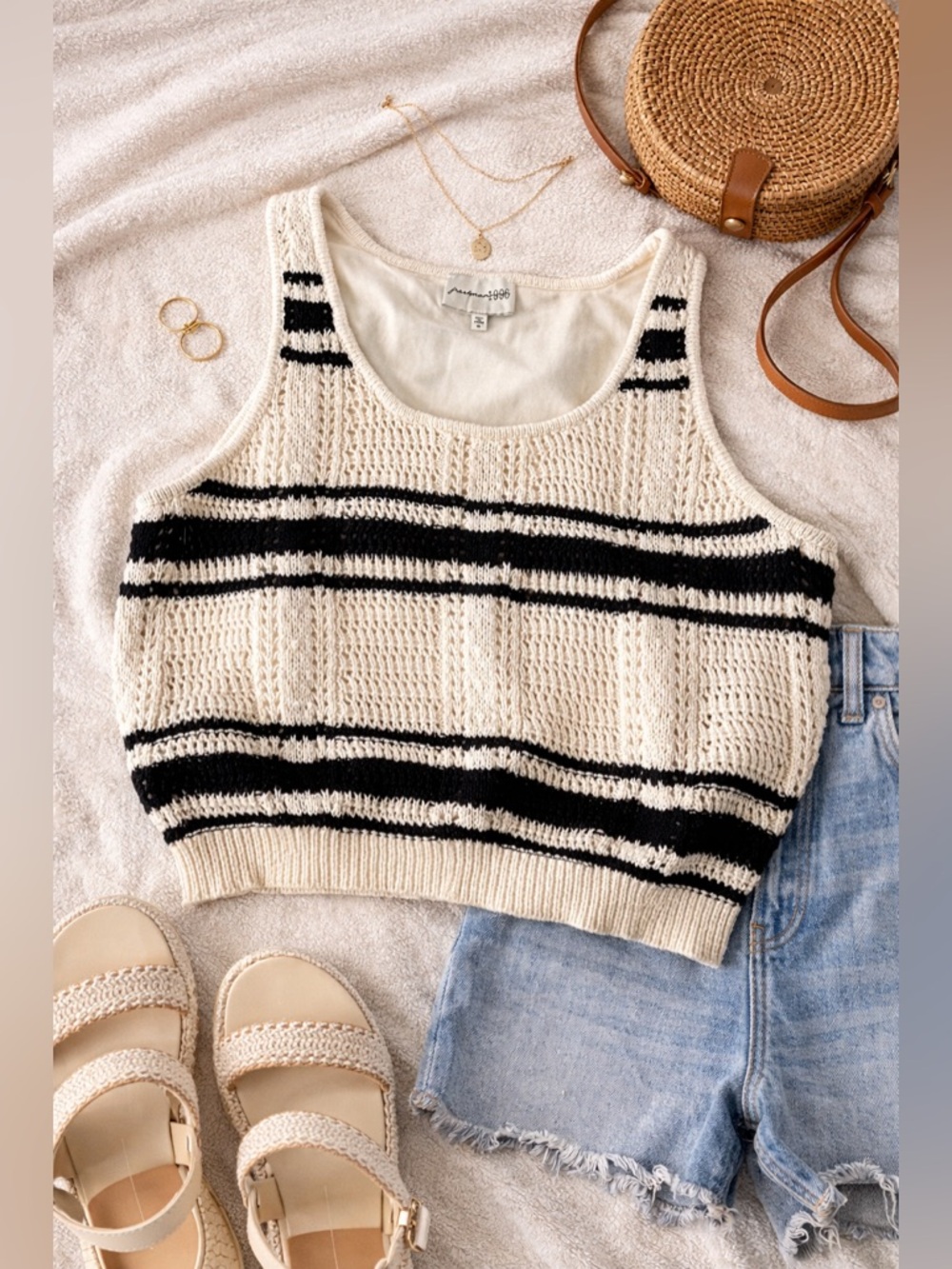 Freshman 1996 Cream & Black Striped Knit Tank Top XL Boho Knit Tank EUC